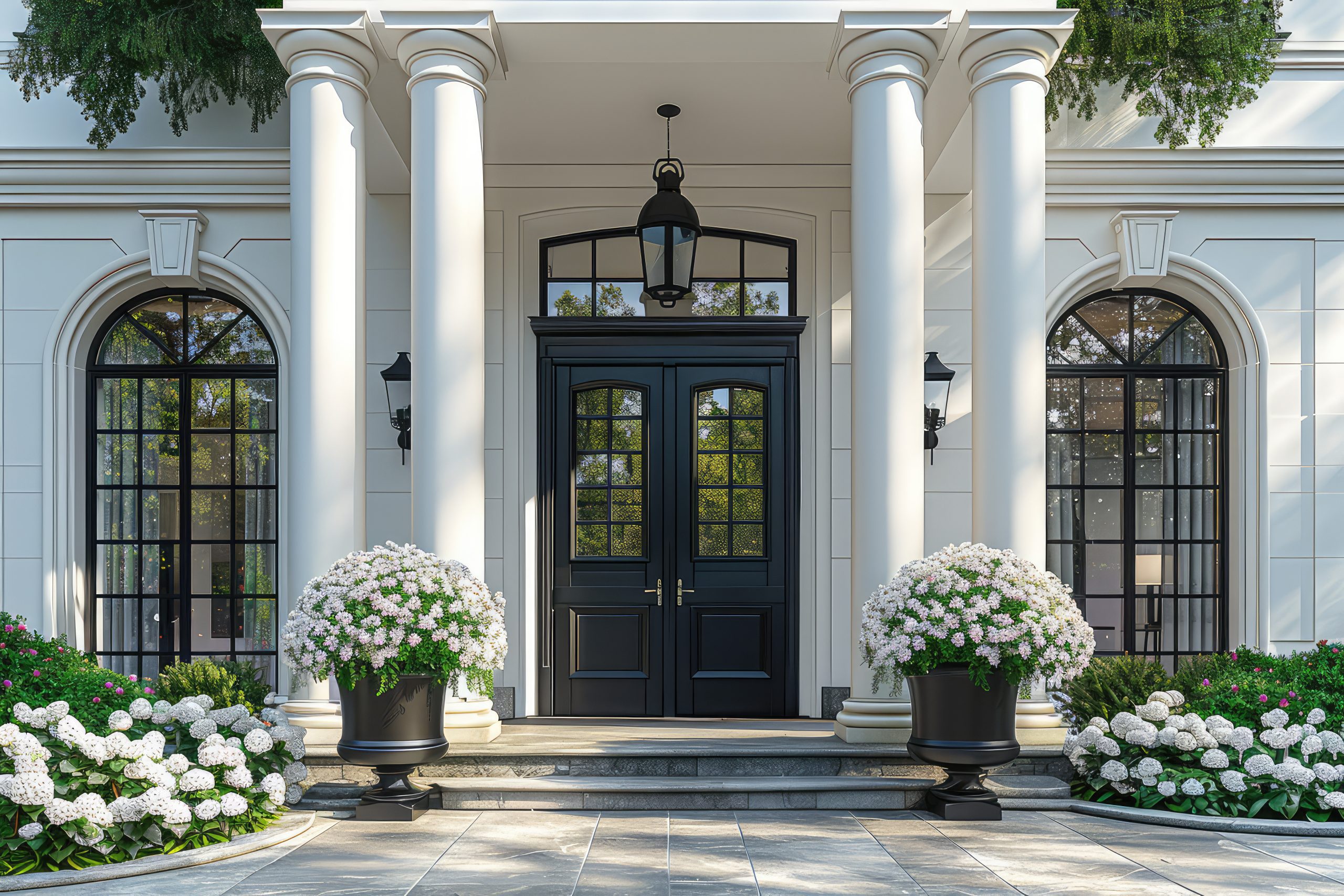 A photo of the front entrance to an elegant home with columns and classical architecture, featuring black steel doors framed by white trim. Created with Ai