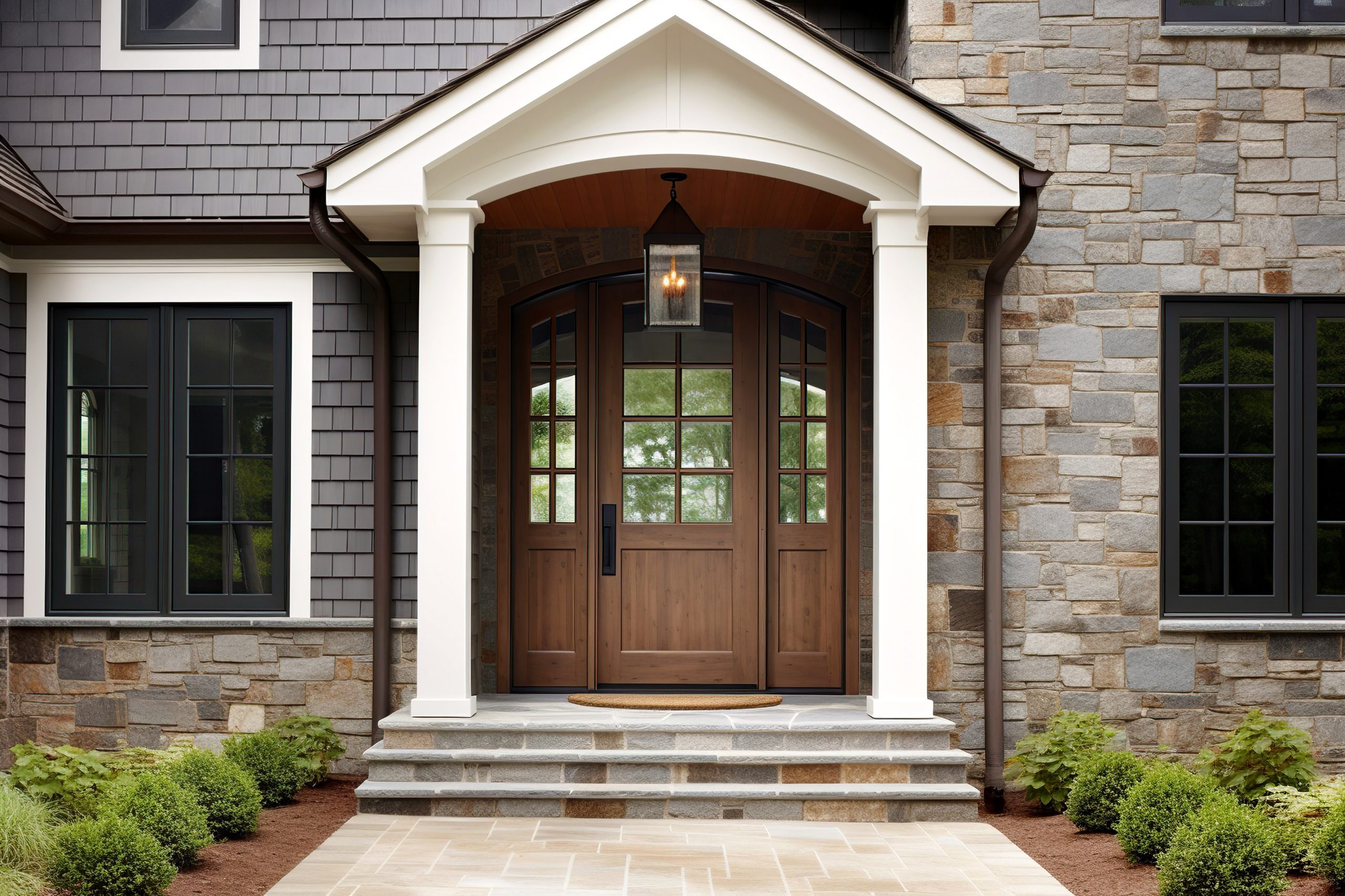 Main entrance door in house. Wooden front door with gabled porch and landing. Exterior of georgian style home cottage with white columns and stone cladding. Created with generative Ai technology.